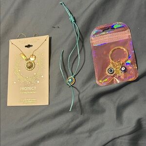 Gold Evil Eye Necklace and Bracelet Set and keychain purse charm
